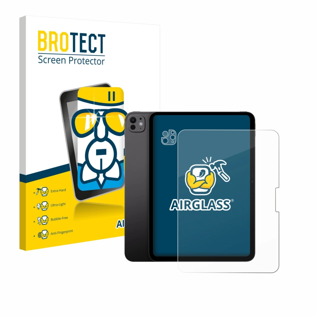 Parte frontale di una confezione del prodotto con il logo del marchio BROTECT. Accanto è raffigurato il dispositivo Apple iPad