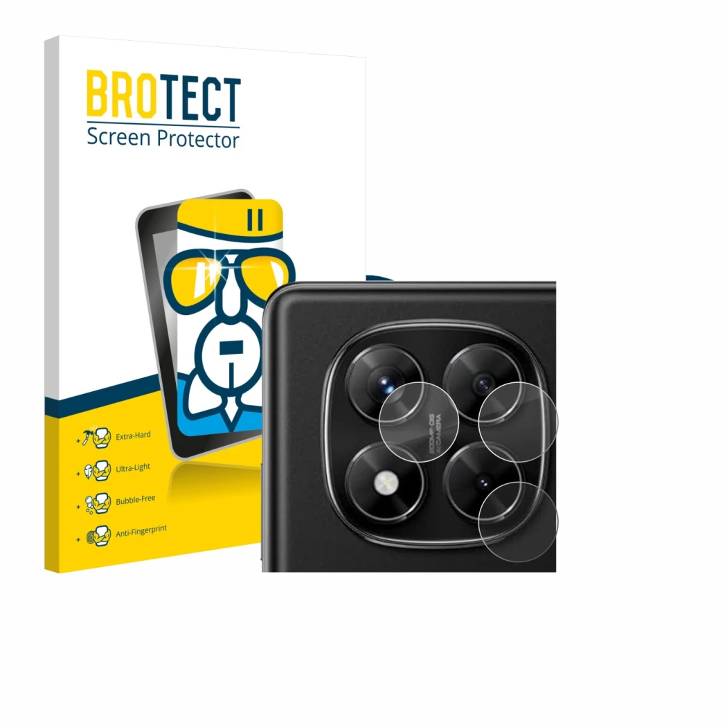 Parte frontale di una confezione del prodotto con il logo del marchio BROTECT. Accanto è raffigurato il dispositivo Xiaomi Red