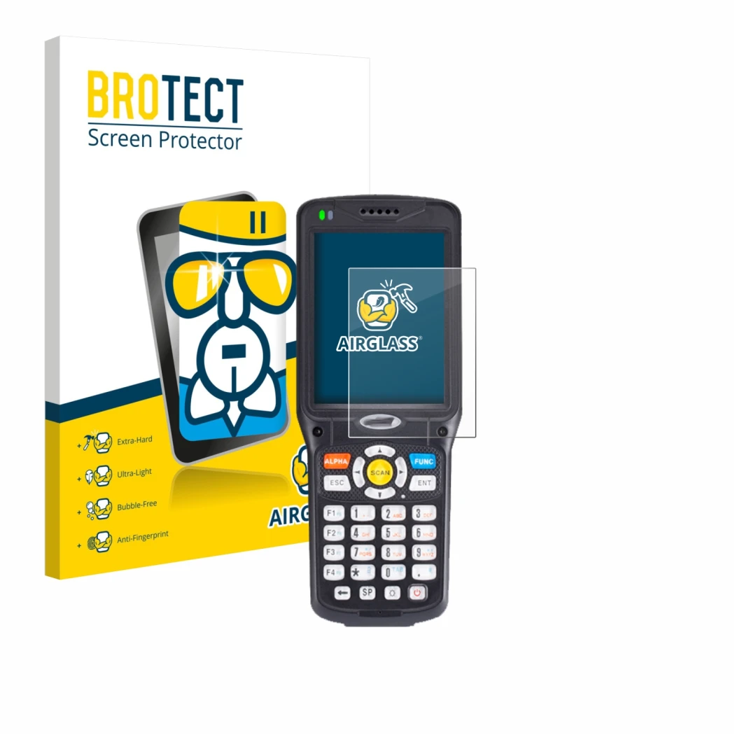 Parte frontale di una confezione del prodotto con il logo del marchio BROTECT. Accanto è raffigurato il dispositivo Unitech HT