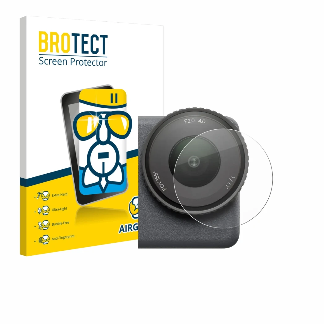 Parte frontale di una confezione del prodotto con il logo del marchio BROTECT. Accanto è raffigurato il dispositivo DJI Osmo A