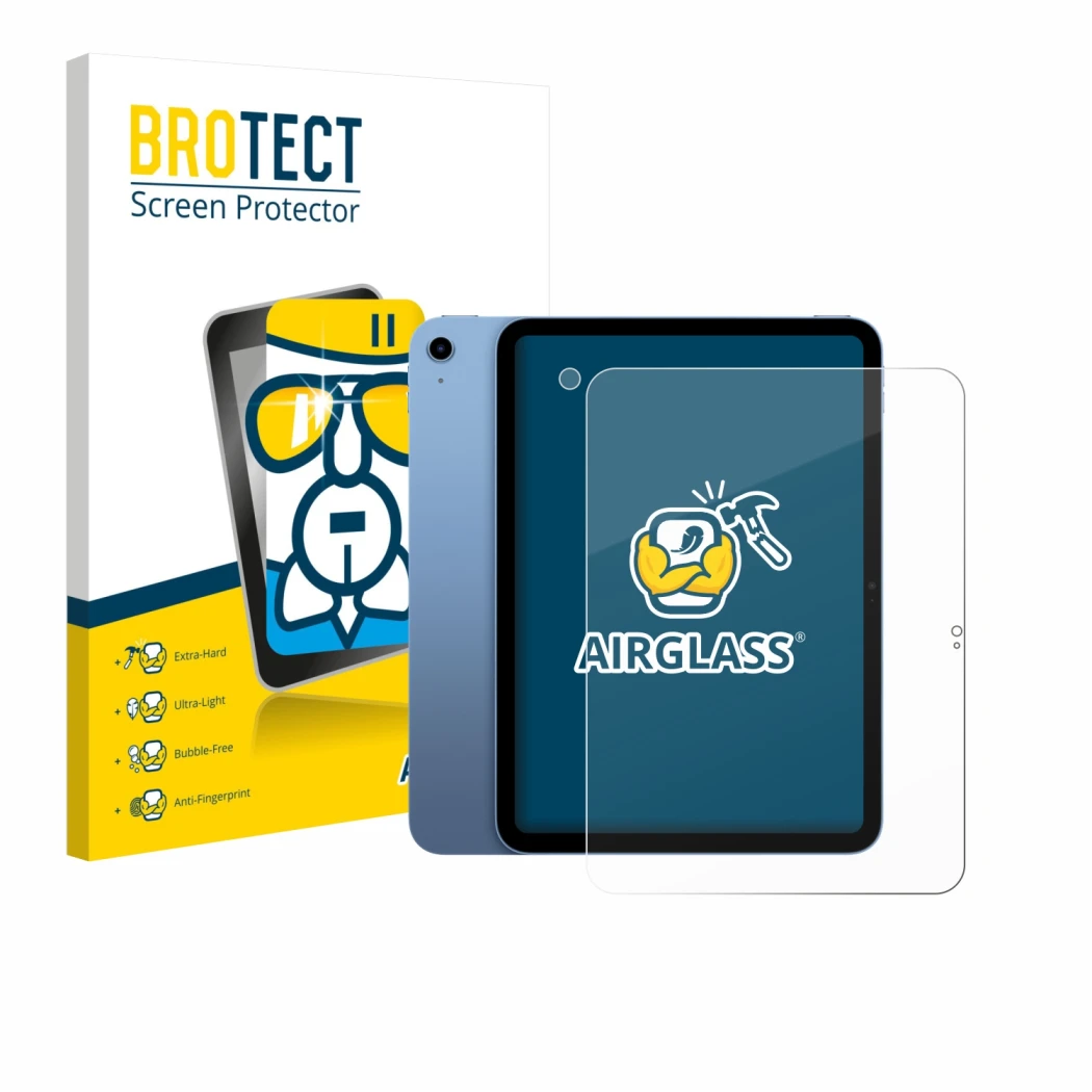 Parte frontale di una confezione del prodotto con il logo del marchio BROTECT. Accanto è raffigurato il dispositivo Apple iPad