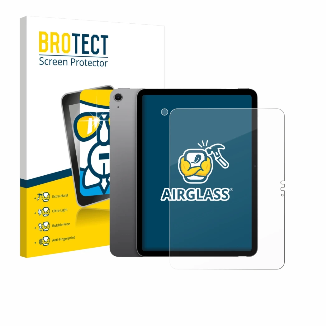 Parte frontale di una confezione del prodotto con il logo del marchio BROTECT. Accanto è raffigurato il dispositivo Apple iPad