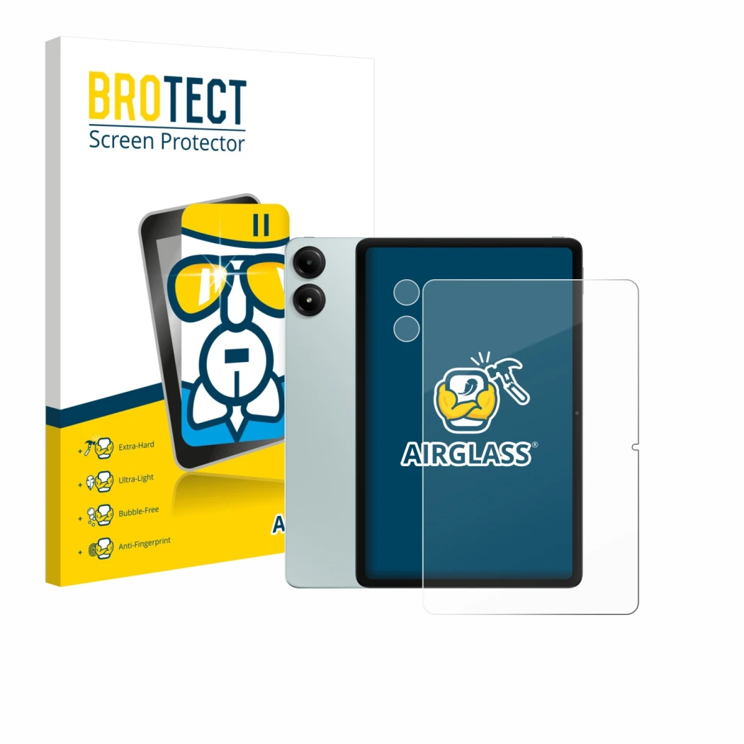 Parte frontale di una confezione del prodotto con il logo del marchio BROTECT. Accanto è raffigurato il dispositivo Xiaomi Red