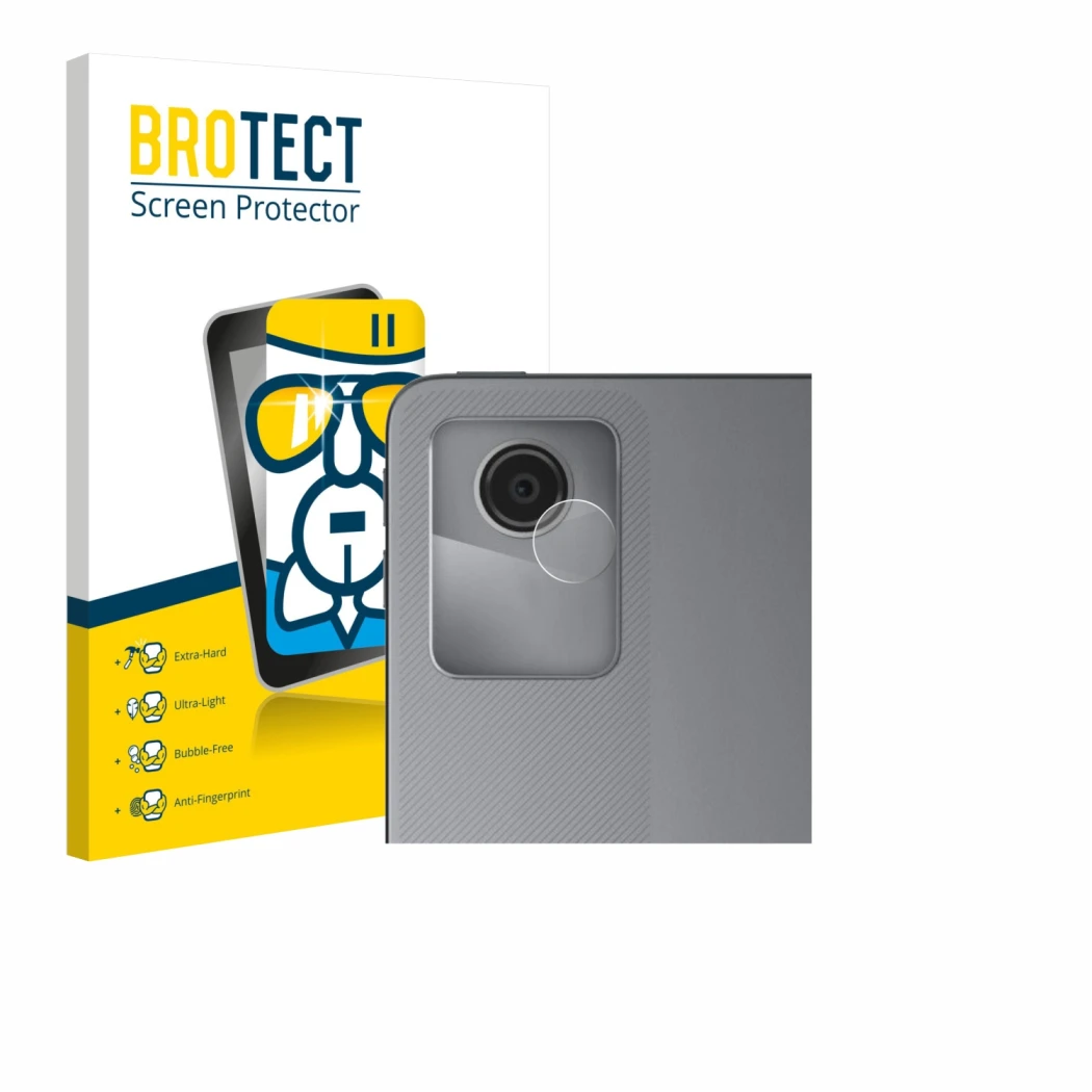 Parte frontale di una confezione del prodotto con il logo del marchio BROTECT. Accanto è raffigurato il dispositivo Lenovo Tab