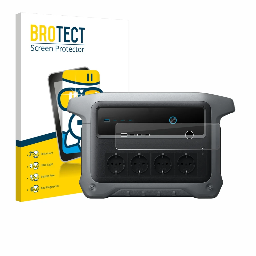 Parte frontale di una confezione del prodotto con il logo del marchio BROTECT. Accanto è raffigurato il dispositivo Anker SOLI