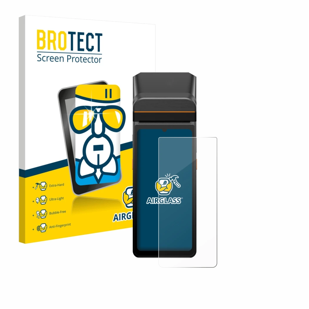 Parte frontale di una confezione del prodotto con il logo del marchio BROTECT. Accanto è raffigurato il dispositivo Sunmi V3 A