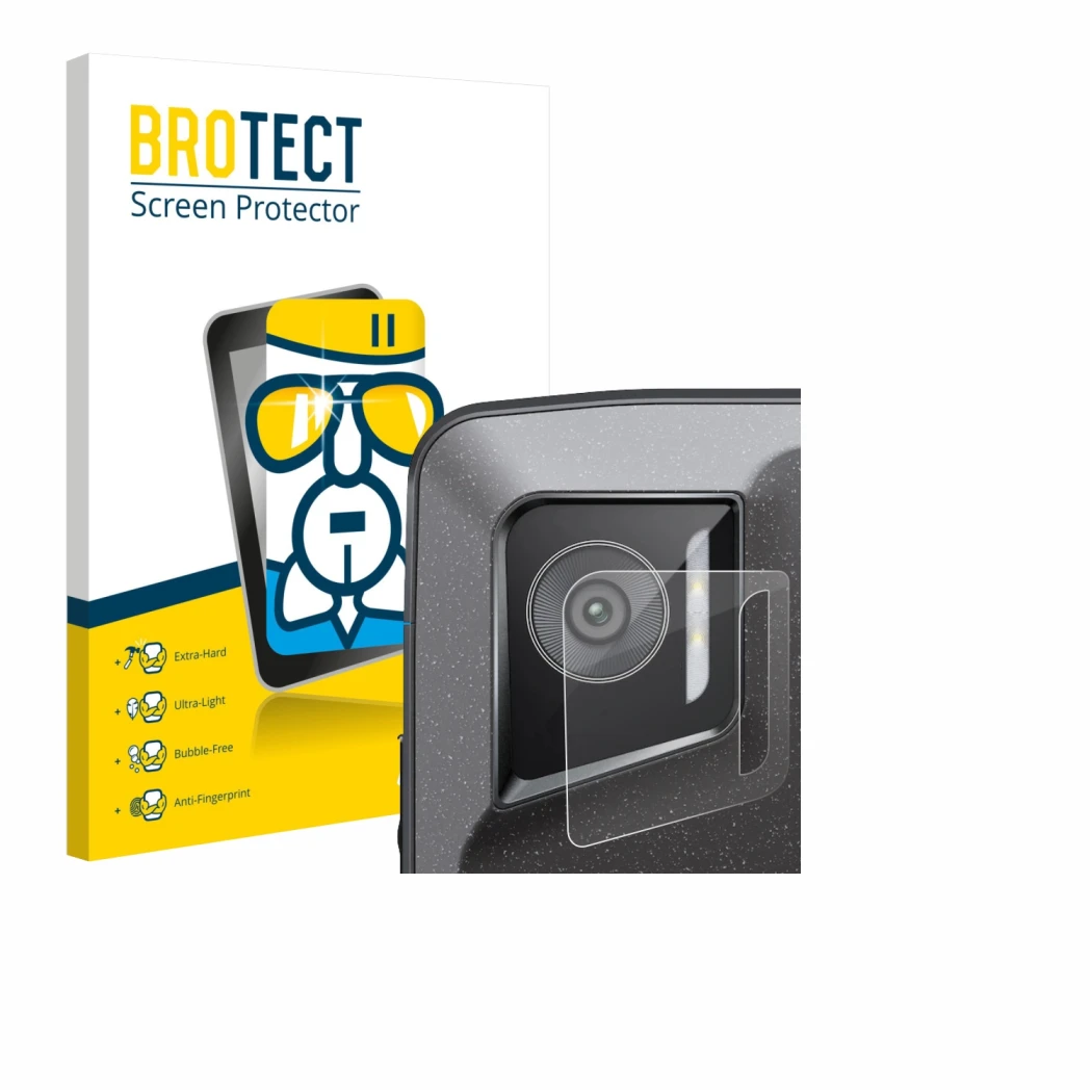 Parte frontale di una confezione del prodotto con il logo del marchio BROTECT. Accanto è raffigurato il dispositivo Crosscall 