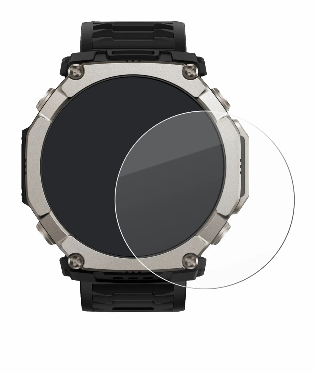 Immagine del dispositivo Huami Amazfit T-Rex Ultra 2 con un'ampia varietà di protezioni per lo schermo.