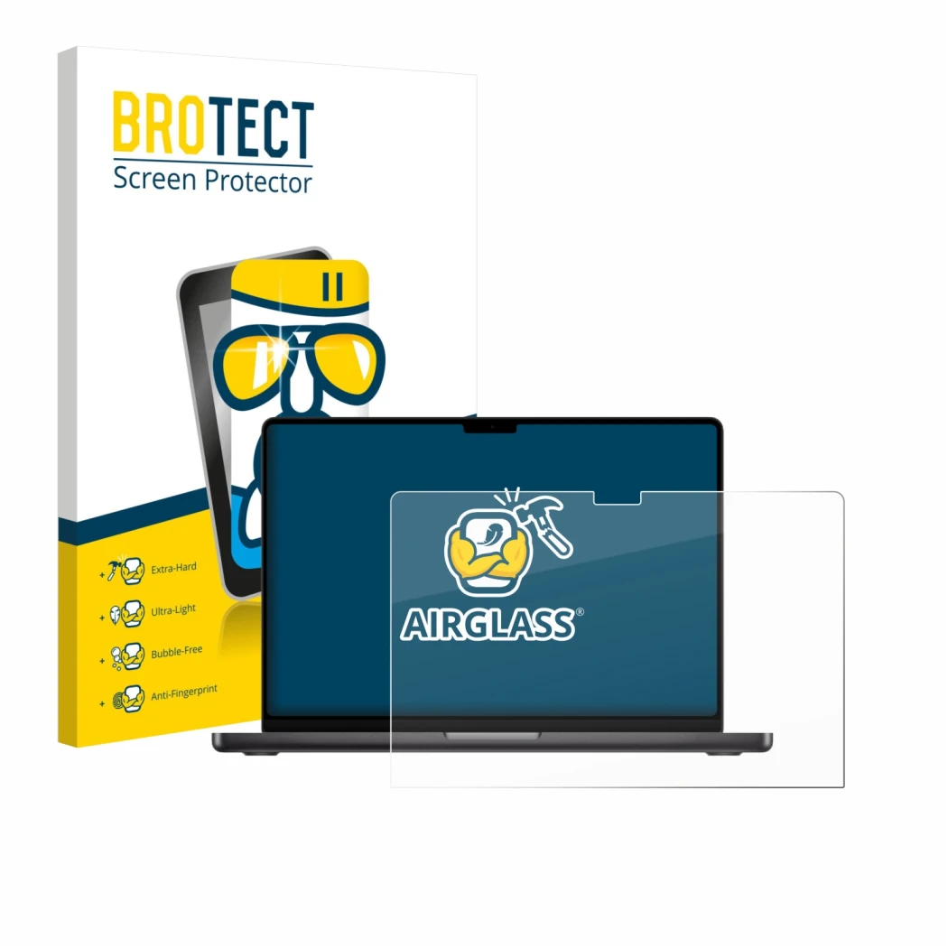 Parte frontale di una confezione del prodotto con il logo del marchio BROTECT. Accanto è raffigurato il dispositivo Apple MacB