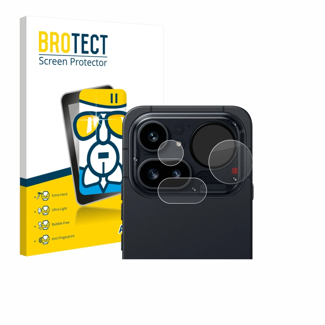 Parte frontale di una confezione del prodotto con il logo del marchio BROTECT. Accanto è raffigurato il dispositivo Nothing Ph