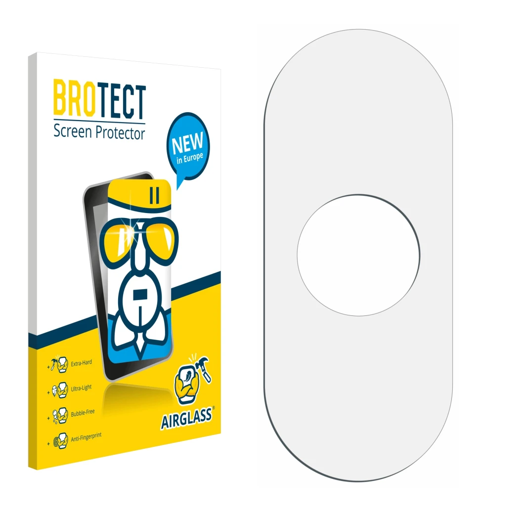 Parte frontale di una confezione del prodotto con il logo del marchio BROTECT. Accanto si trova la protezione per lo schermo c