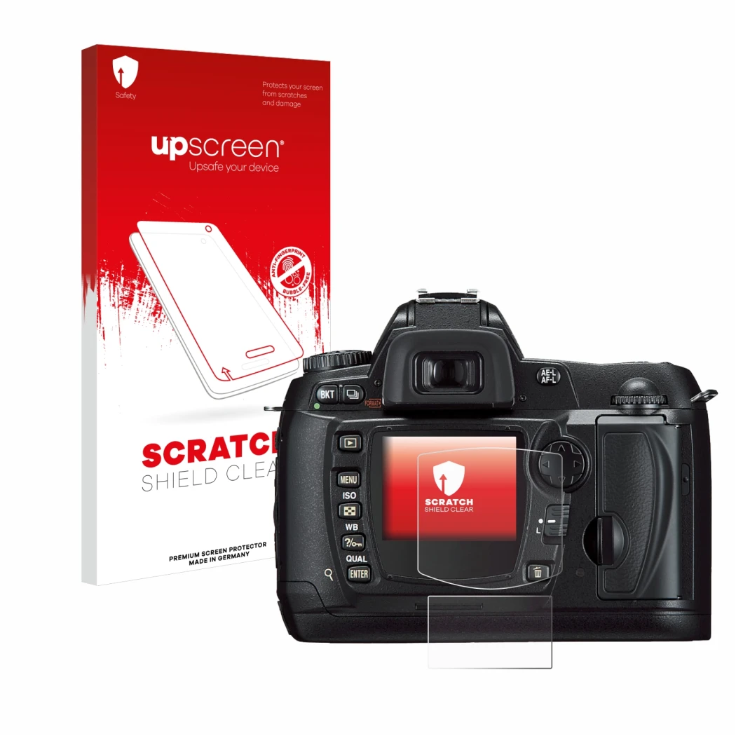 Parte frontale di una confezione del prodotto con il logo del marchio upscreen. Accanto è raffigurato il dispositivo Nikon D70