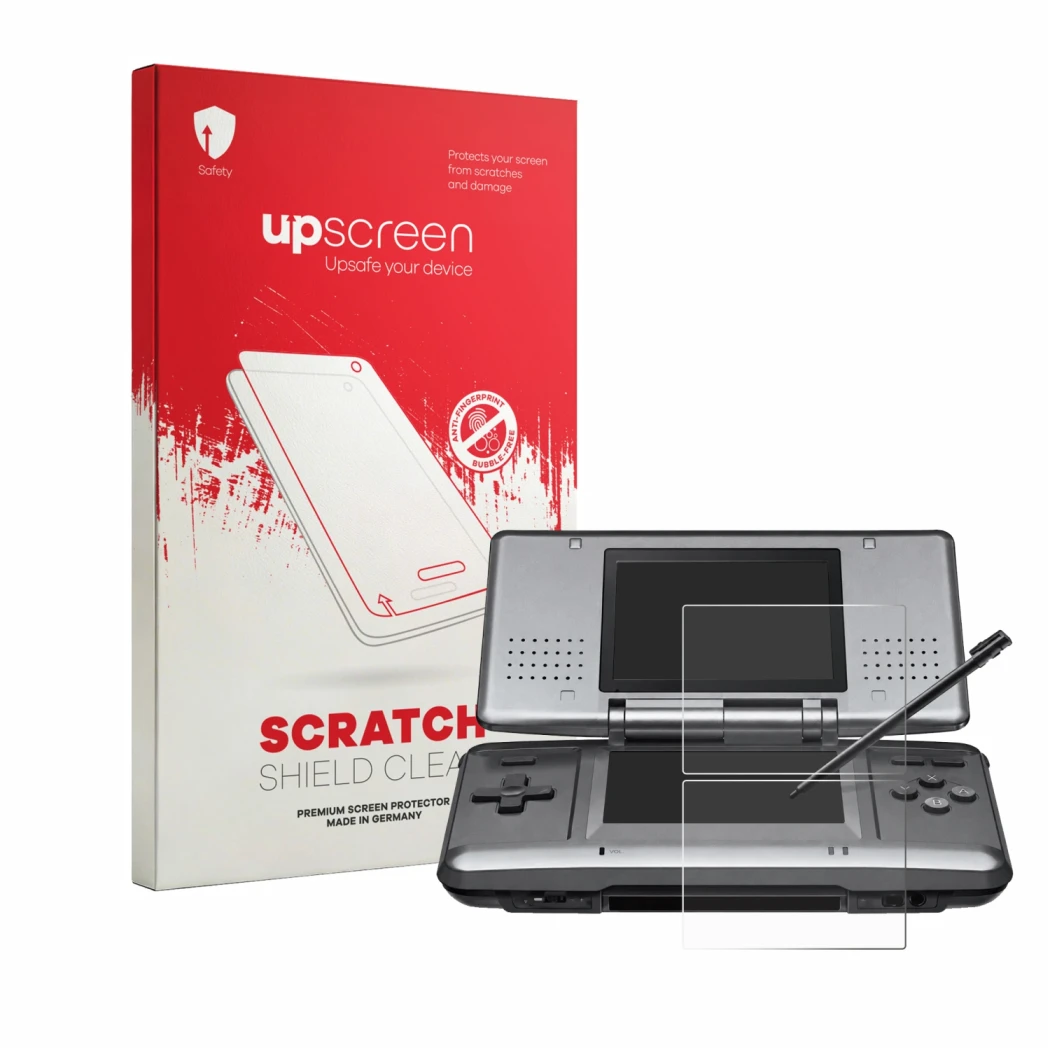 Parte frontale di una confezione del prodotto con il logo del marchio upscreen. Accanto è raffigurato il dispositivo Nintendo