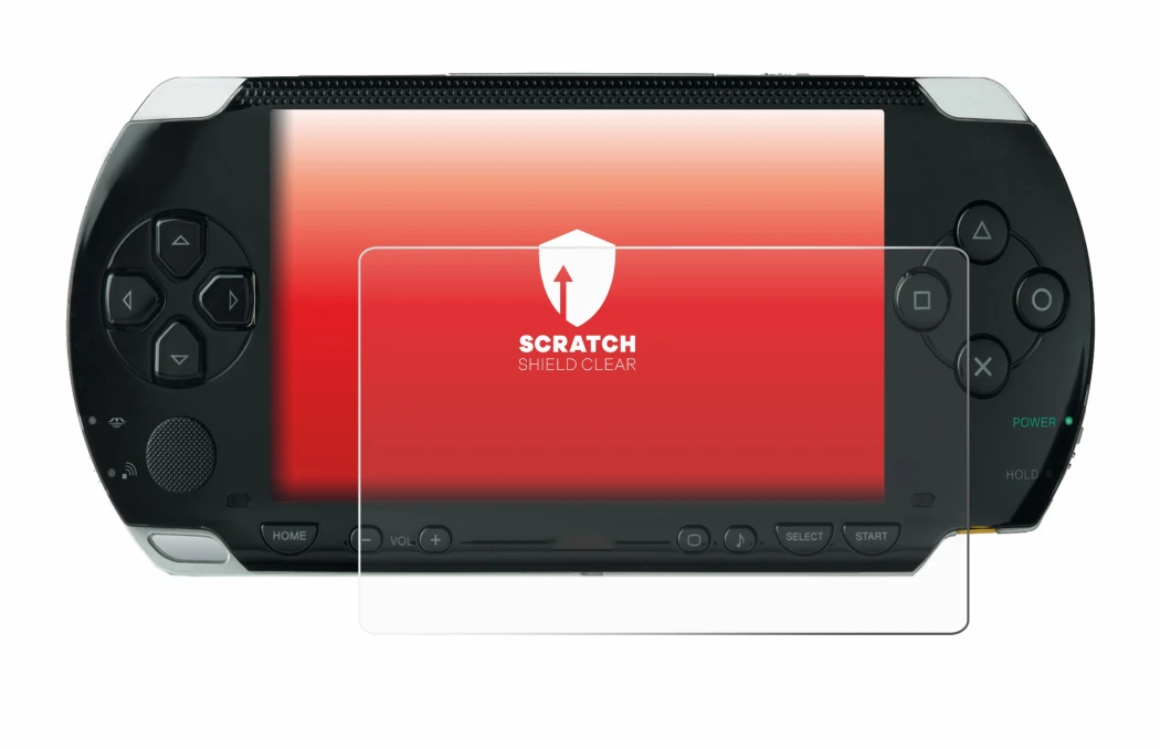 Immagine del dispositivo Sony PSP 1000 con un'ampia varietà di protezioni per lo schermo.
