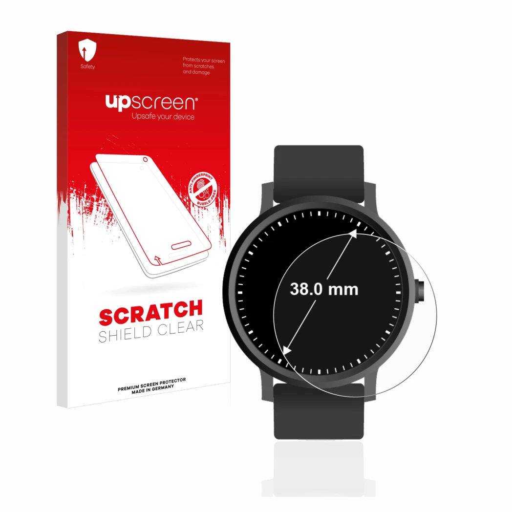 Parte frontale di una confezione del prodotto con il logo del marchio upscreen. Accanto è raffigurato il dispositivo Orologi (