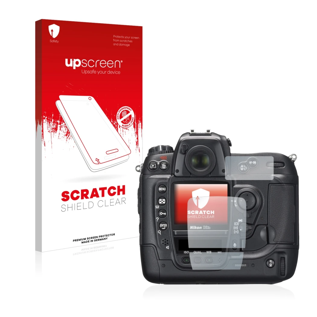 Parte frontale di una confezione del prodotto con il logo del marchio upscreen. Accanto è raffigurato il dispositivo Nikon D2X