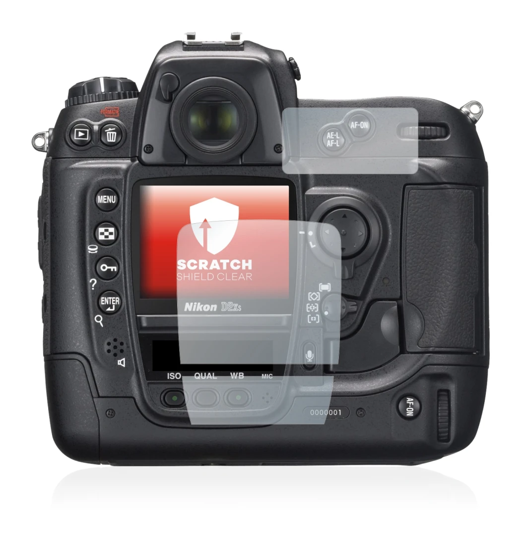Immagine del dispositivo Nikon D2X con un'ampia varietà di protezioni per lo schermo.