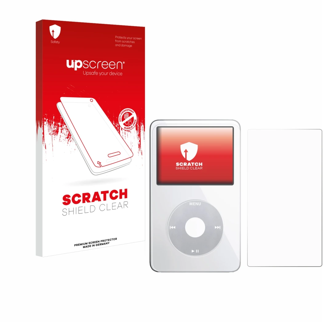 Parte frontale di una confezione del prodotto con il logo del marchio upscreen. Accanto è raffigurato il dispositivo Apple iPo