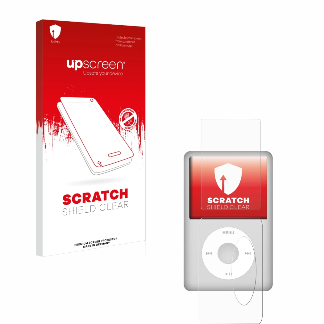 Parte frontale di una confezione del prodotto con il logo del marchio upscreen. Accanto è raffigurato il dispositivo Apple iPo