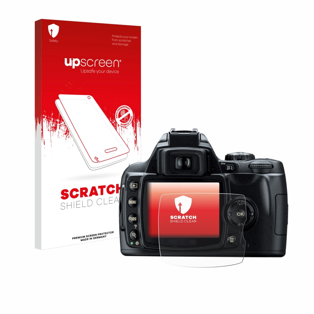 Parte frontale di una confezione del prodotto con il logo del marchio upscreen. Accanto è raffigurato il dispositivo Nikon D40