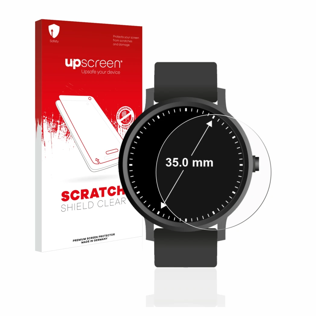Parte frontale di una confezione del prodotto con il logo del marchio upscreen. Accanto è raffigurato il dispositivo Orologi (
