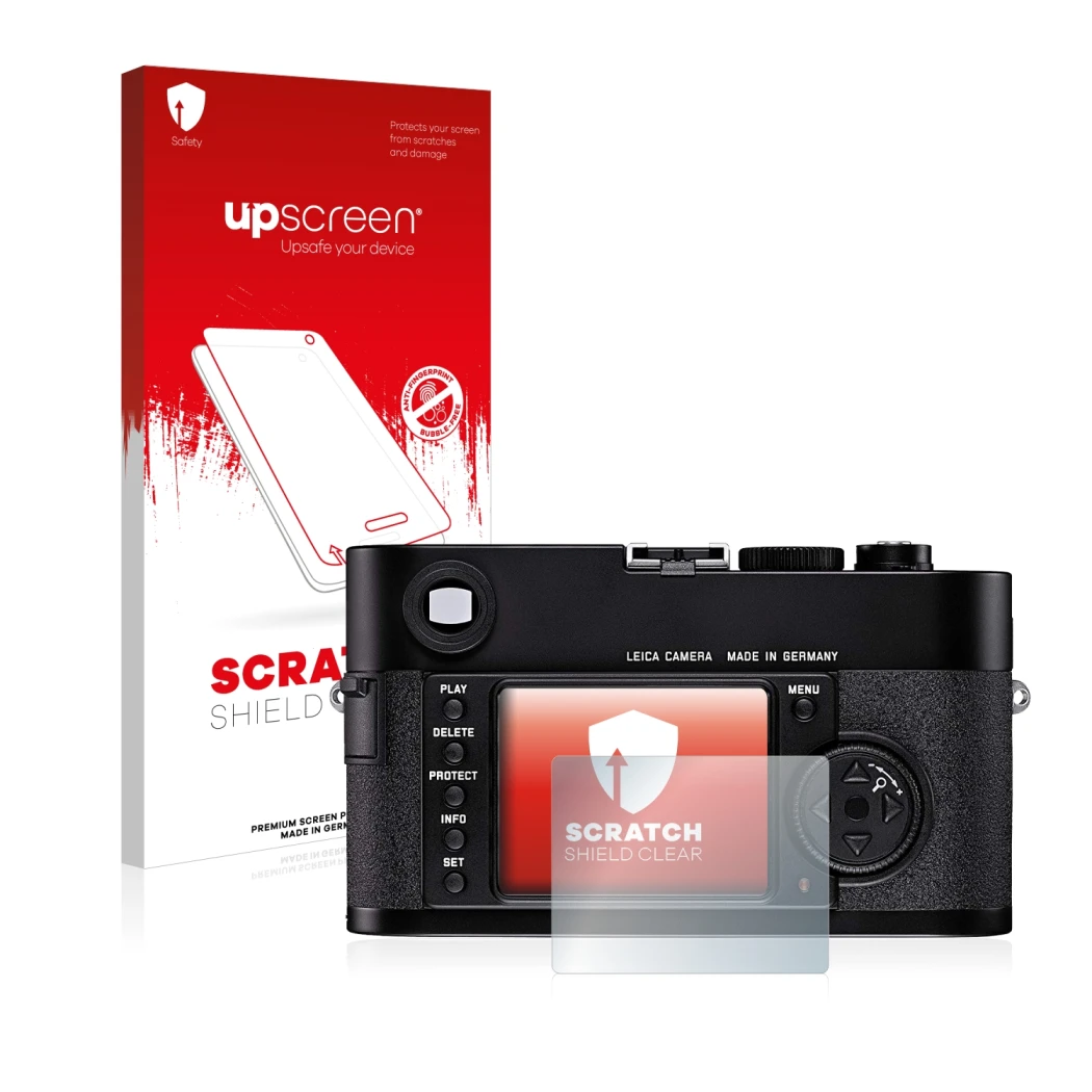 Parte frontale di una confezione del prodotto con il logo del marchio upscreen. Accanto è raffigurato il dispositivo Leica M8