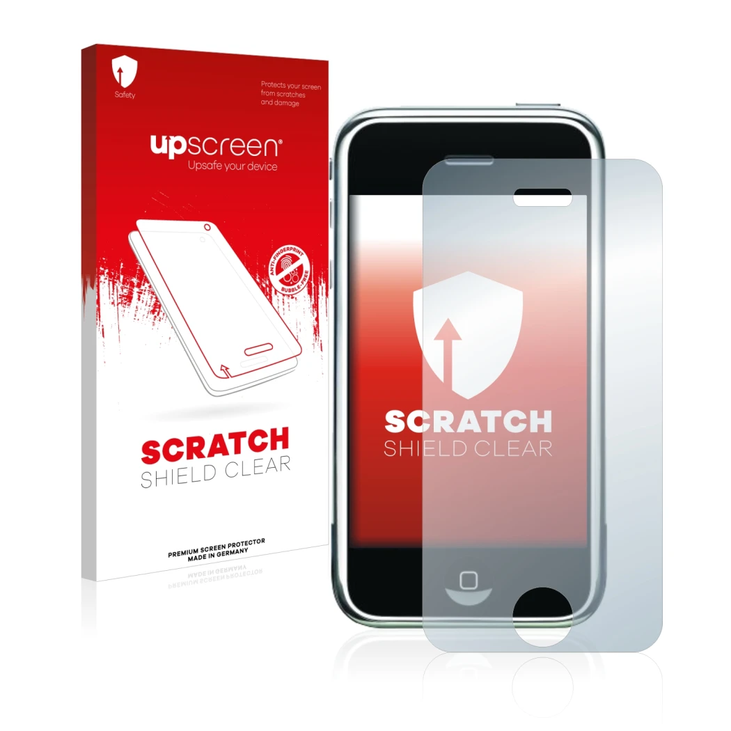 Parte frontale di una confezione del prodotto con il logo del marchio upscreen. Accanto è raffigurato il dispositivo Apple iPh