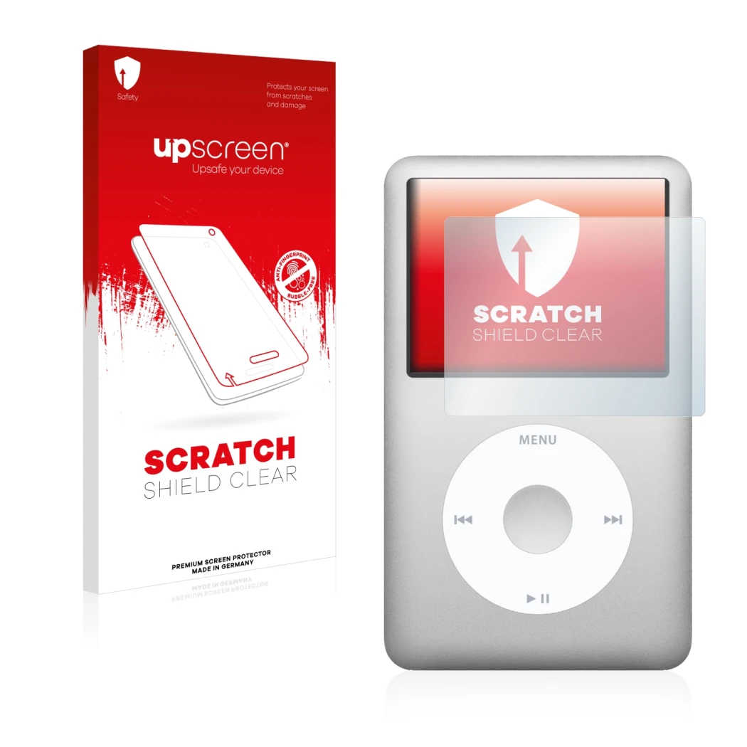 Parte frontale di una confezione del prodotto con il logo del marchio upscreen. Accanto è raffigurato il dispositivo Apple iPo