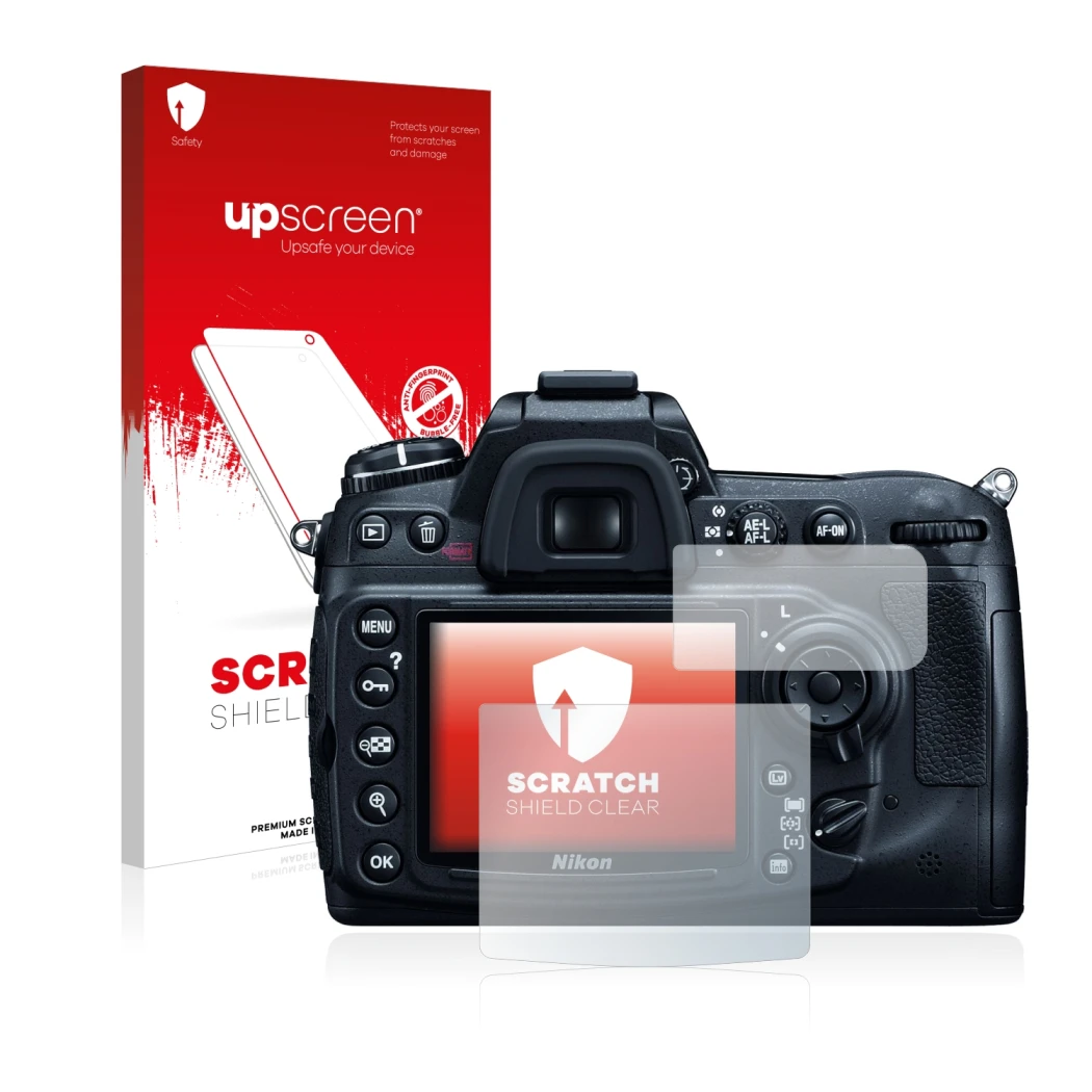 Parte frontale di una confezione del prodotto con il logo del marchio upscreen. Accanto è raffigurato il dispositivo Nikon D30