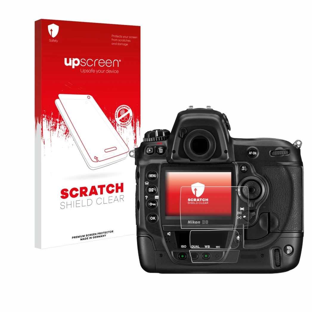 Parte frontale di una confezione del prodotto con il logo del marchio upscreen. Accanto è raffigurato il dispositivo Nikon D3