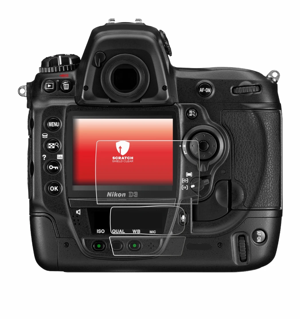 Immagine del dispositivo Nikon D3 con un'ampia varietà di protezioni per lo schermo.