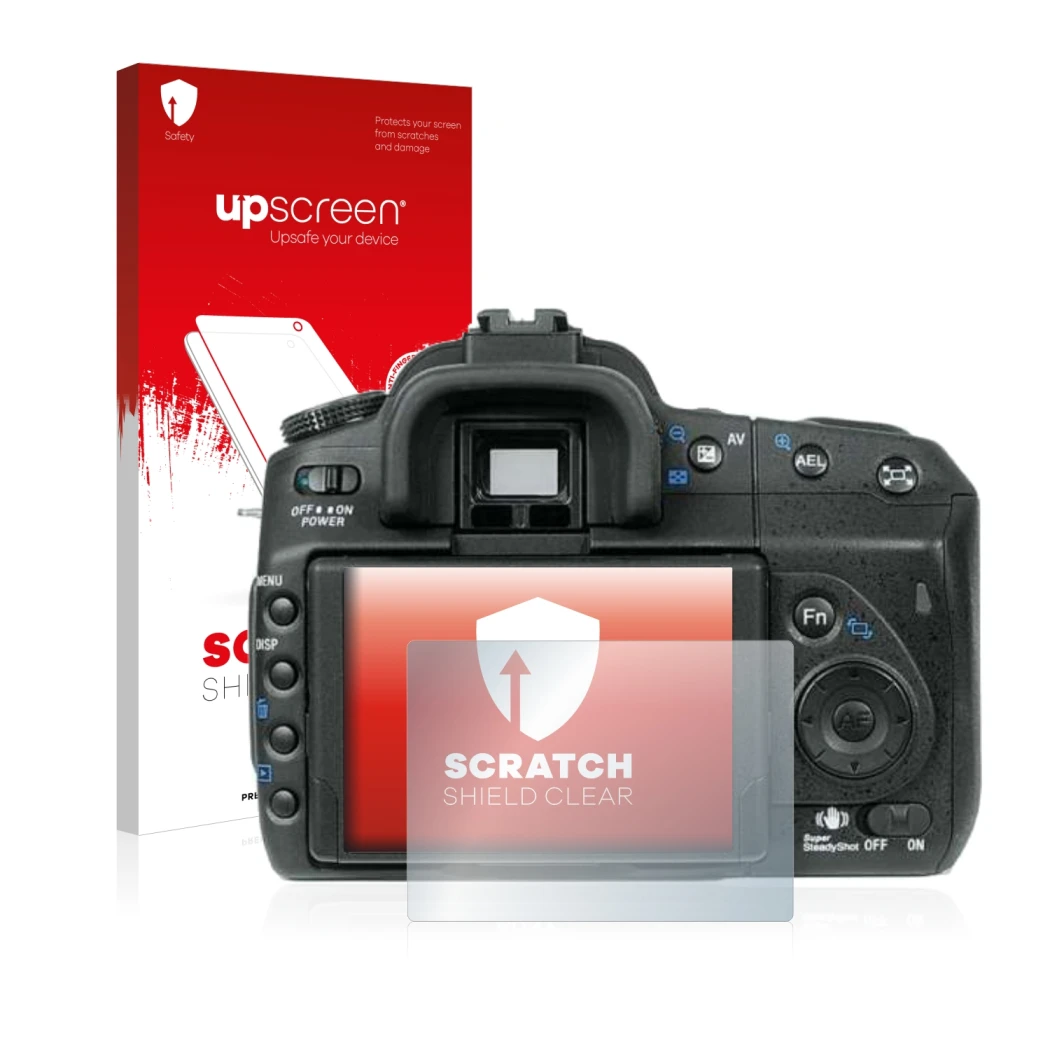 Parte frontale di una confezione del prodotto con il logo del marchio upscreen. Accanto è raffigurato il dispositivo Sony Alph