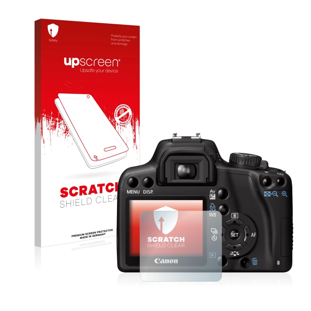 Parte frontale di una confezione del prodotto con il logo del marchio upscreen. Accanto è raffigurato il dispositivo Canon EOS