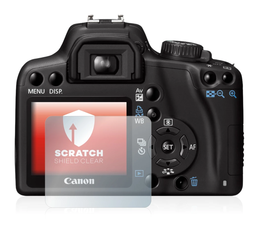 Immagine del dispositivo Canon EOS 1000D con un'ampia varietà di protezioni per lo schermo.