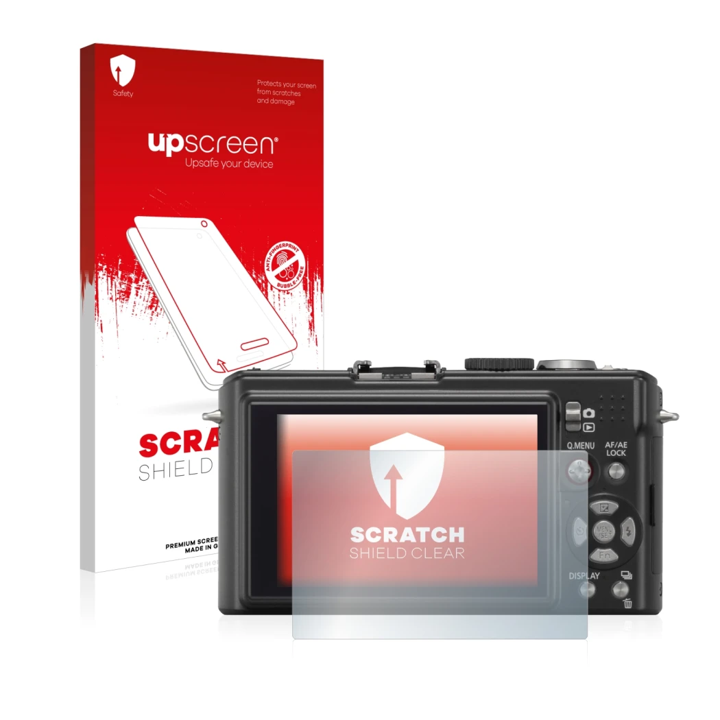 Parte frontale di una confezione del prodotto con il logo del marchio upscreen. Accanto è raffigurato il dispositivo Panasonic