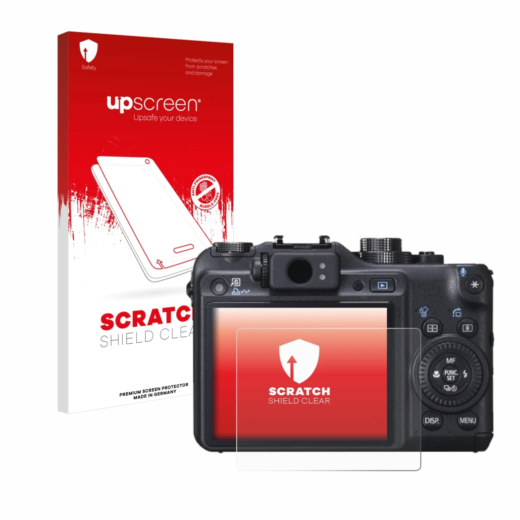 Parte frontale di una confezione del prodotto con il logo del marchio upscreen. Accanto è raffigurato il dispositivo Canon Pow
