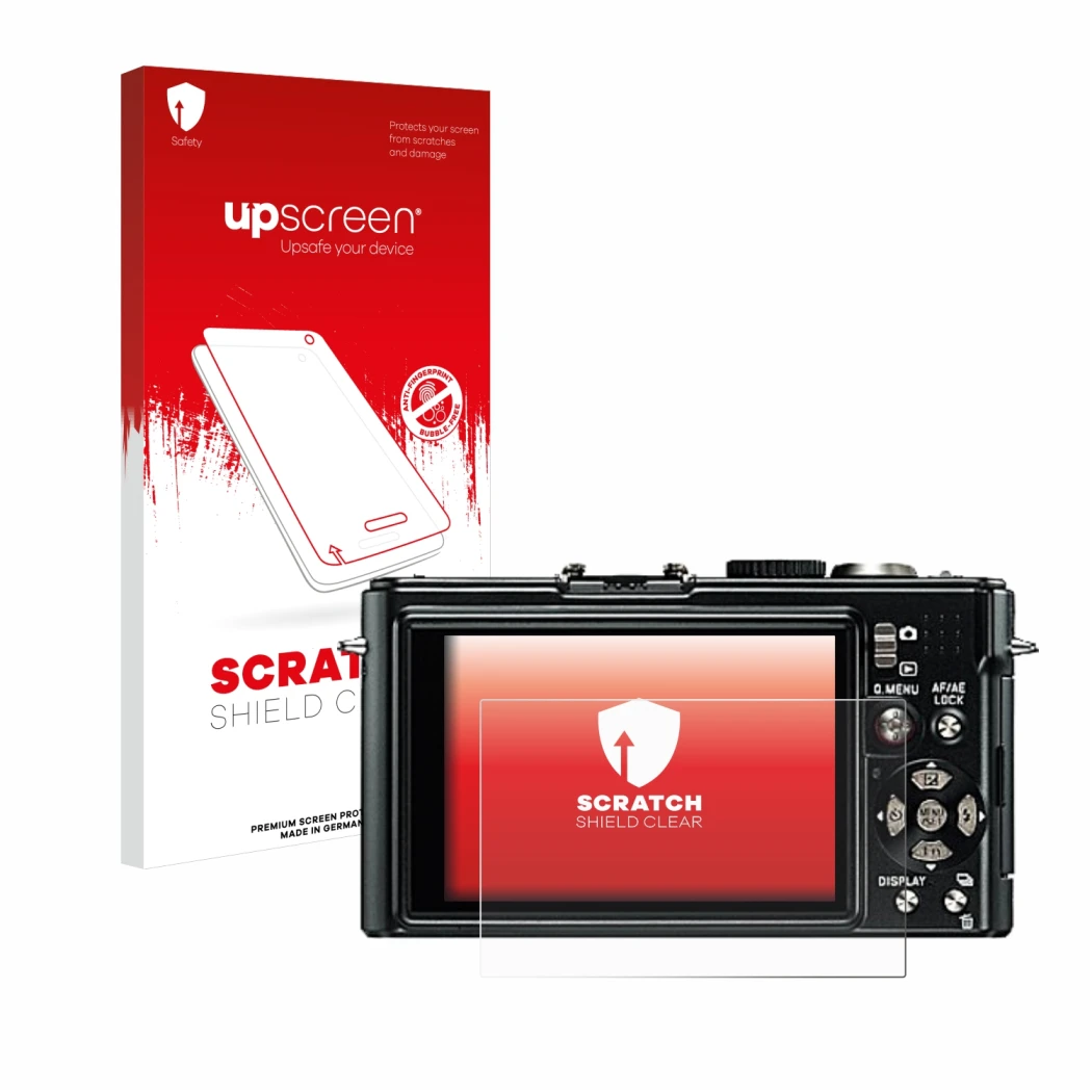 Parte frontale di una confezione del prodotto con il logo del marchio upscreen. Accanto è raffigurato il dispositivo Leica D-L