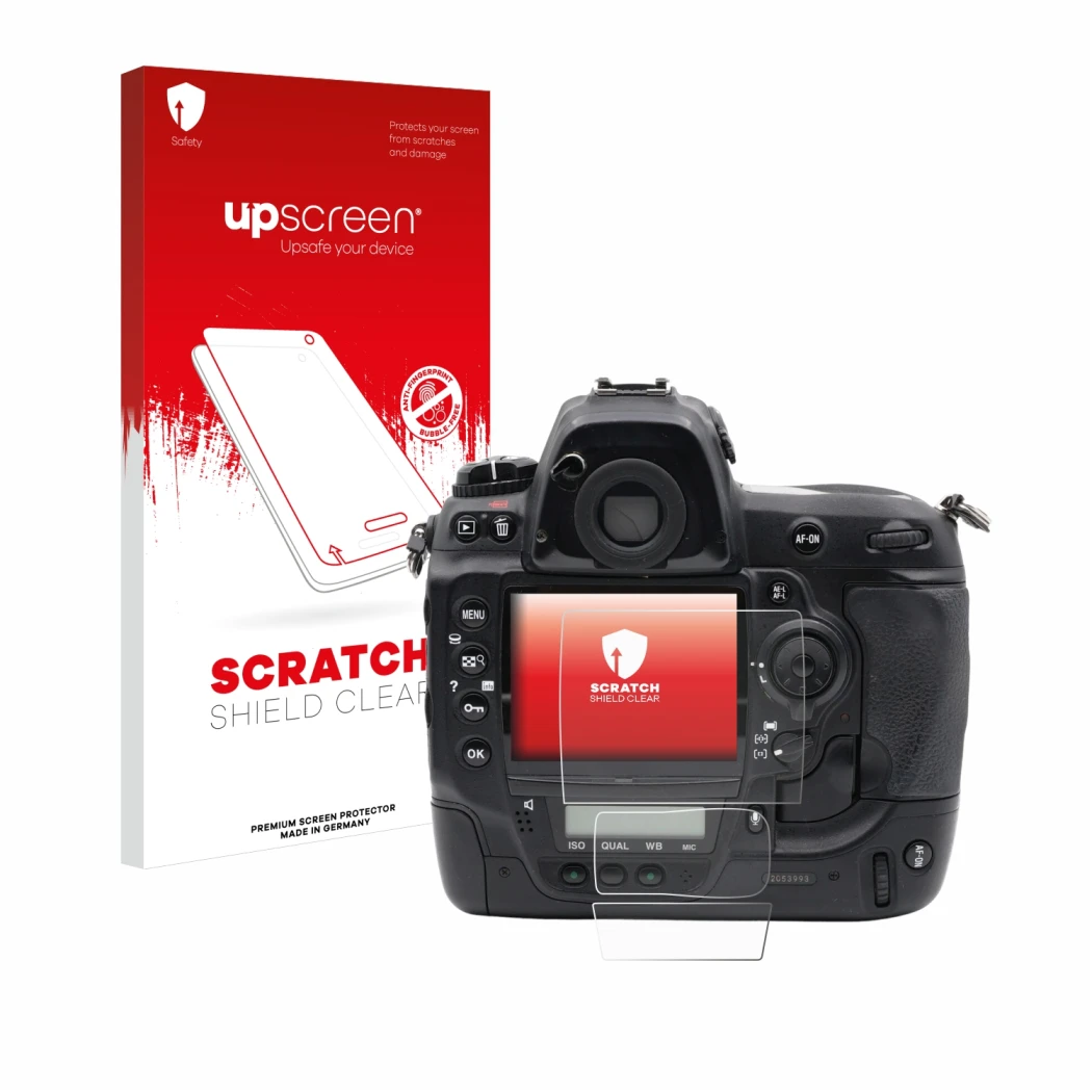 Parte frontale di una confezione del prodotto con il logo del marchio upscreen. Accanto è raffigurato il dispositivo Nikon D3x