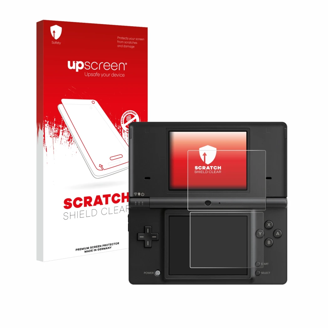 Parte frontale di una confezione del prodotto con il logo del marchio upscreen. Accanto è raffigurato il dispositivo Nintendo