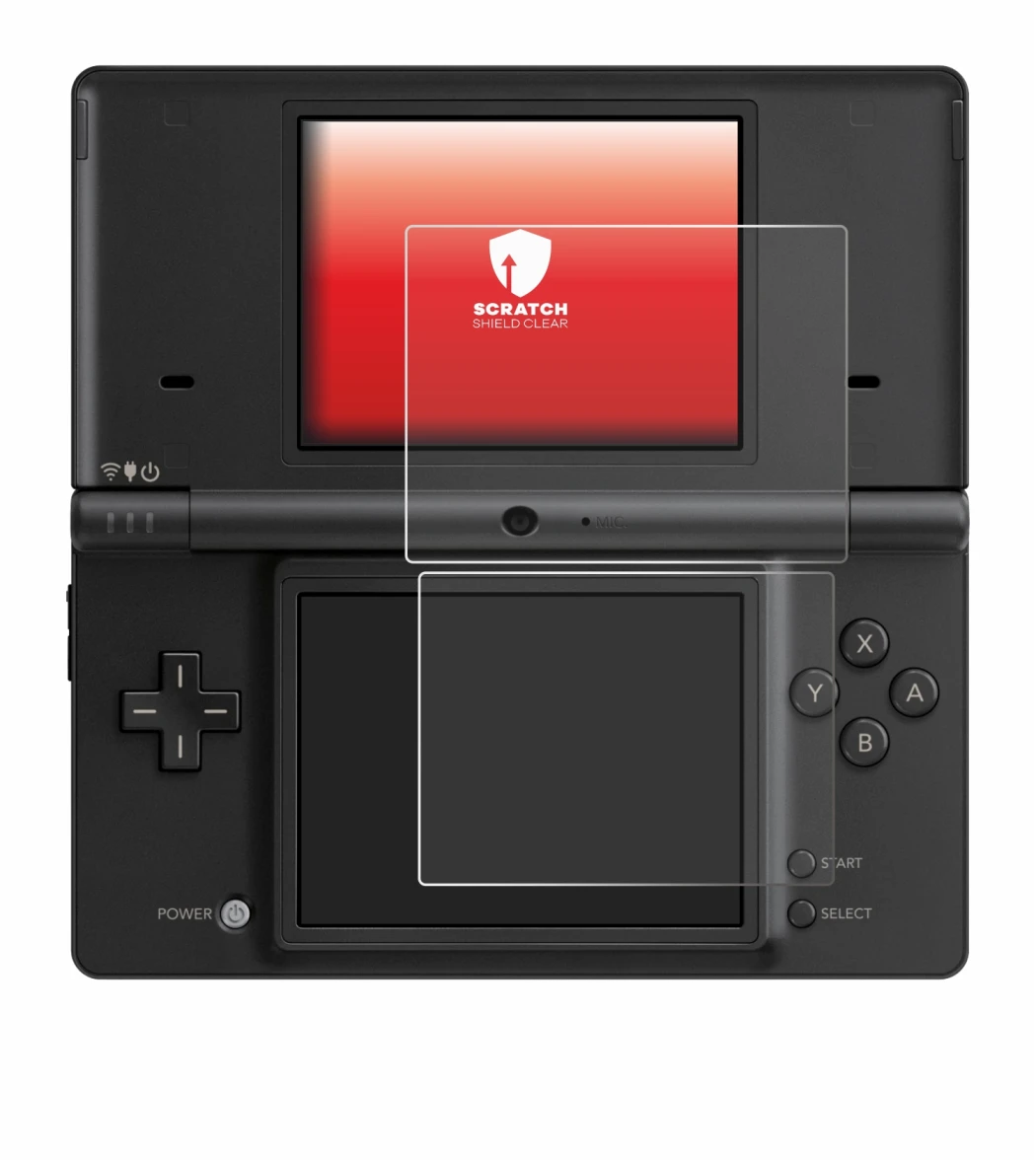 Immagine del dispositivo Nintendo DSi con un'ampia varietà di protezioni per lo schermo.