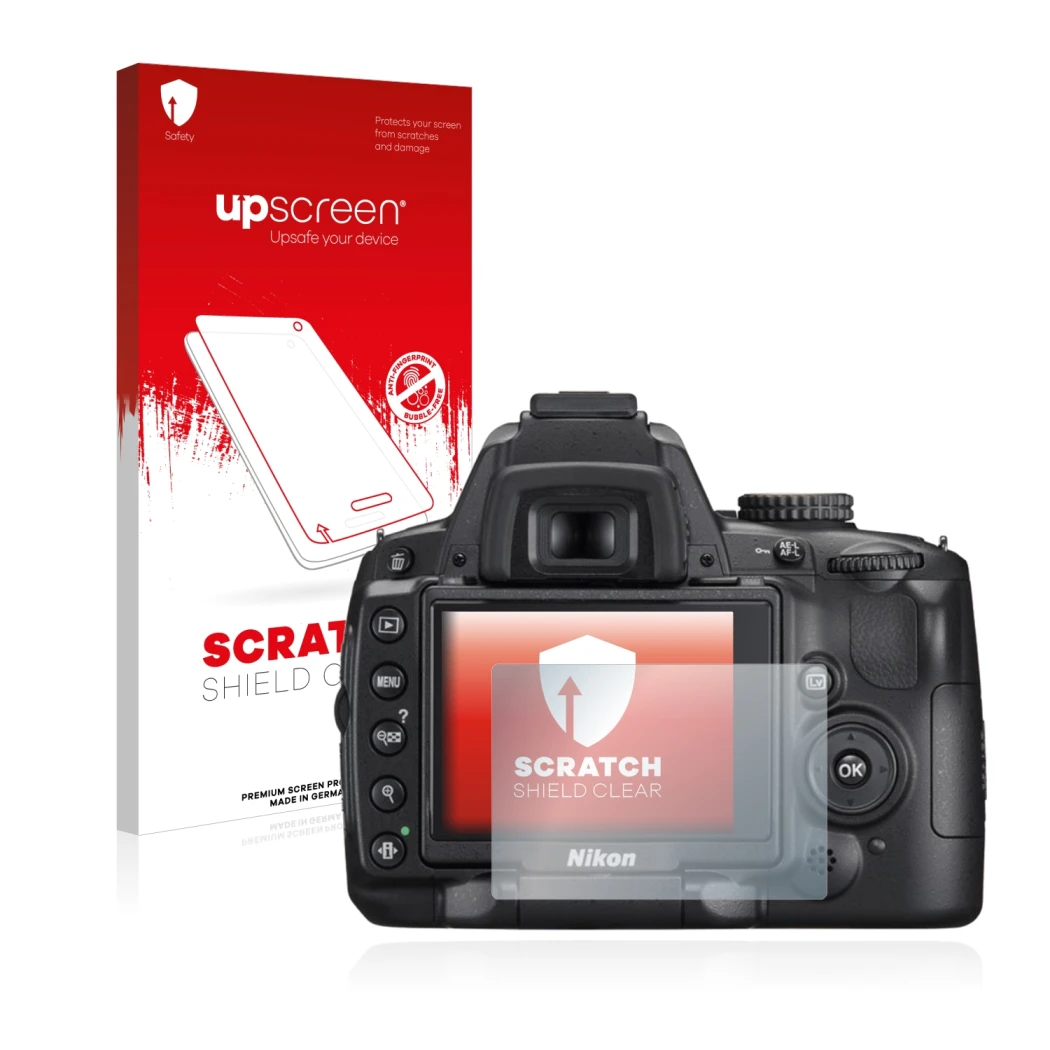 Parte frontale di una confezione del prodotto con il logo del marchio upscreen. Accanto è raffigurato il dispositivo Nikon D50