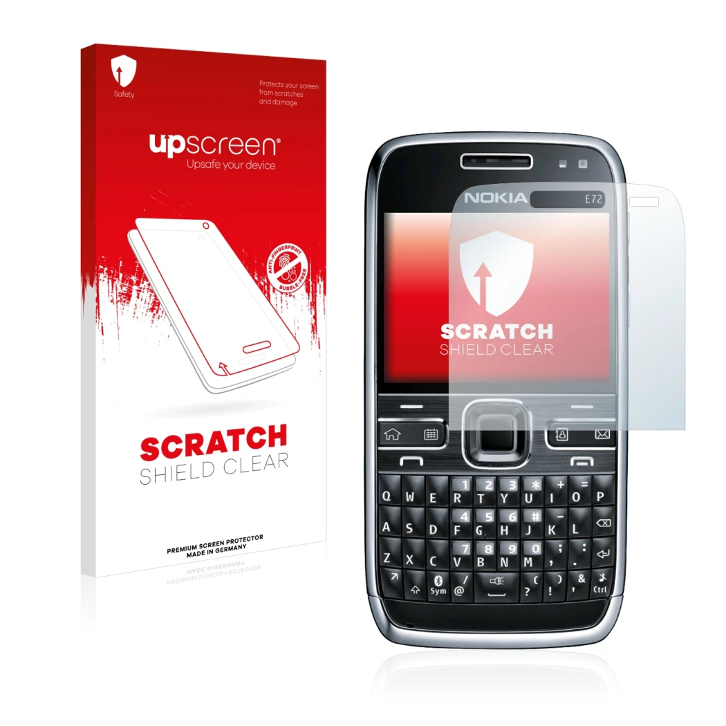 Parte frontale di una confezione del prodotto con il logo del marchio upscreen. Accanto è raffigurato il dispositivo Nokia E72
