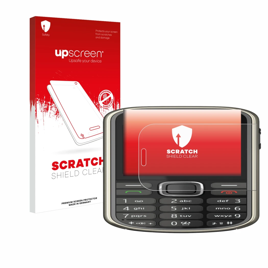 Parte frontale di una confezione del prodotto con il logo del marchio upscreen. Accanto è raffigurato il dispositivo Nokia 372