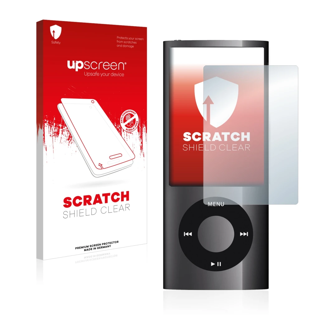 Parte frontale di una confezione del prodotto con il logo del marchio upscreen. Accanto è raffigurato il dispositivo Apple iPo