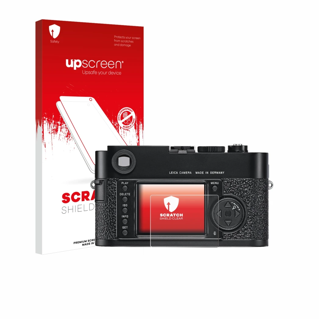 Parte frontale di una confezione del prodotto con il logo del marchio upscreen. Accanto è raffigurato il dispositivo Leica M9
