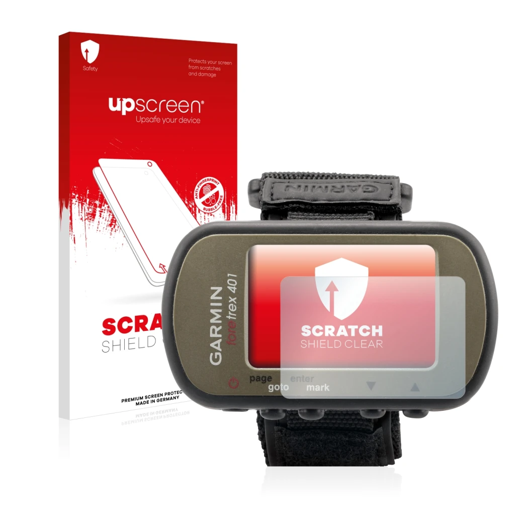Parte frontale di una confezione del prodotto con il logo del marchio upscreen. Accanto è raffigurato il dispositivo Garmin Fo