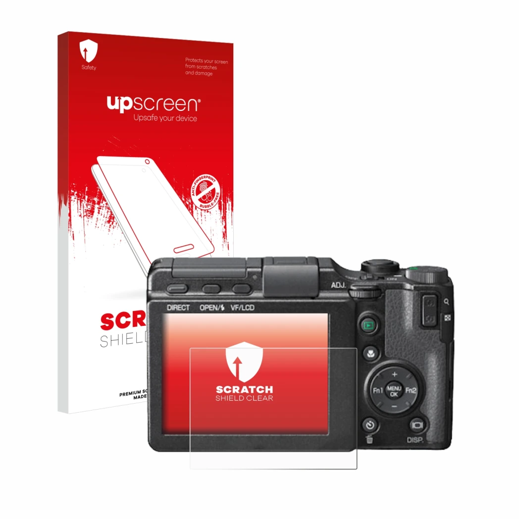 Parte frontale di una confezione del prodotto con il logo del marchio upscreen. Accanto è raffigurato il dispositivo Ricoh GXR
