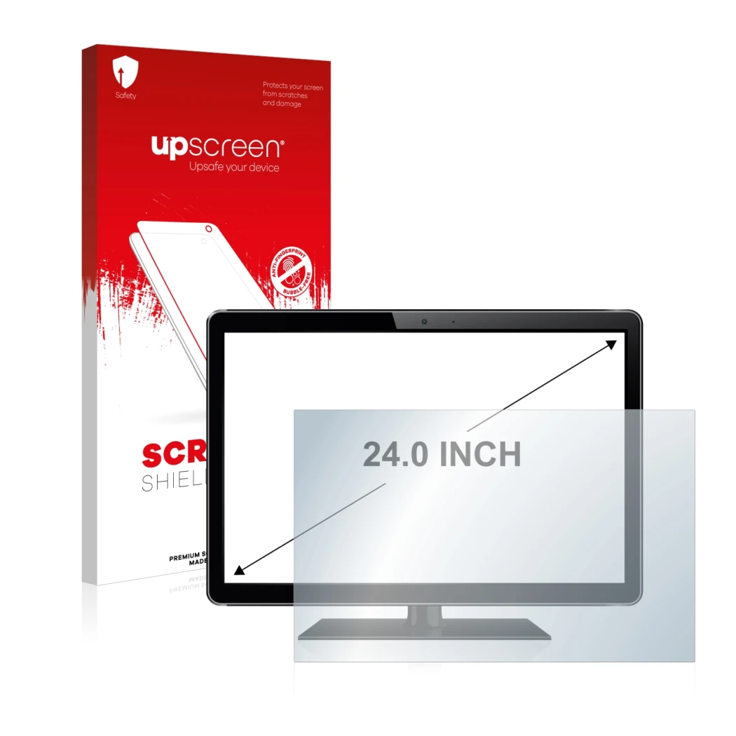 Parte frontale di una confezione del prodotto con il logo del marchio upscreen. Accanto è raffigurato il dispositivo con la re