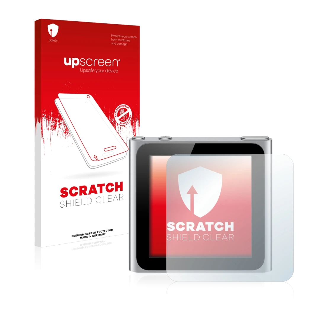 Parte frontale di una confezione del prodotto con il logo del marchio upscreen. Accanto è raffigurato il dispositivo Apple iPo