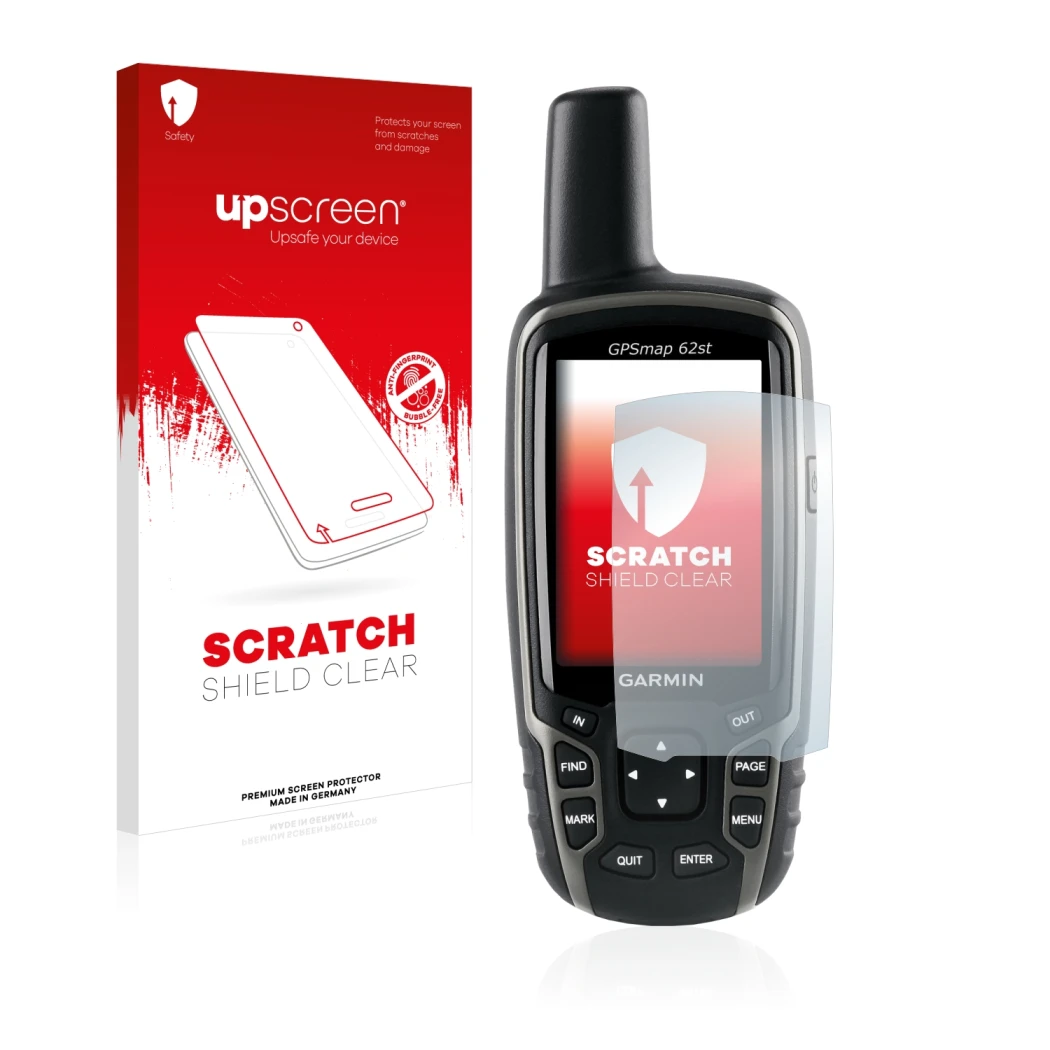 Parte frontale di una confezione del prodotto con il logo del marchio upscreen. Accanto è raffigurato il dispositivo Garmin GP